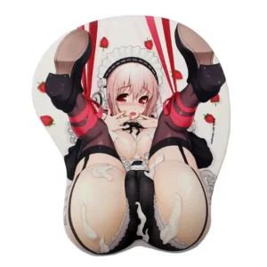 A 3D mouse pad of Super Sonico with her legs spread open